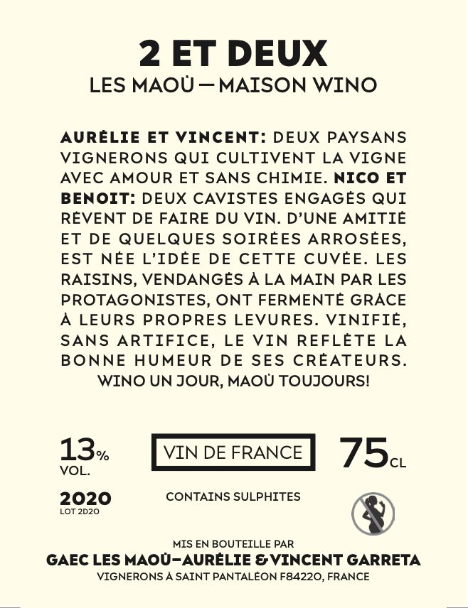 Contre-étiquette du millésime 2020 de la cuvée 2 et Deux